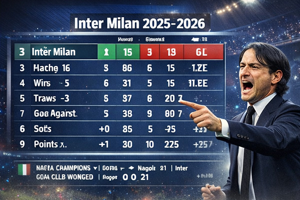 Thống kê thành tích Inter Milan mùa giải Serie A 2025-2026 với bảng số liệu thắng hòa thua và hiệu số bàn thắng